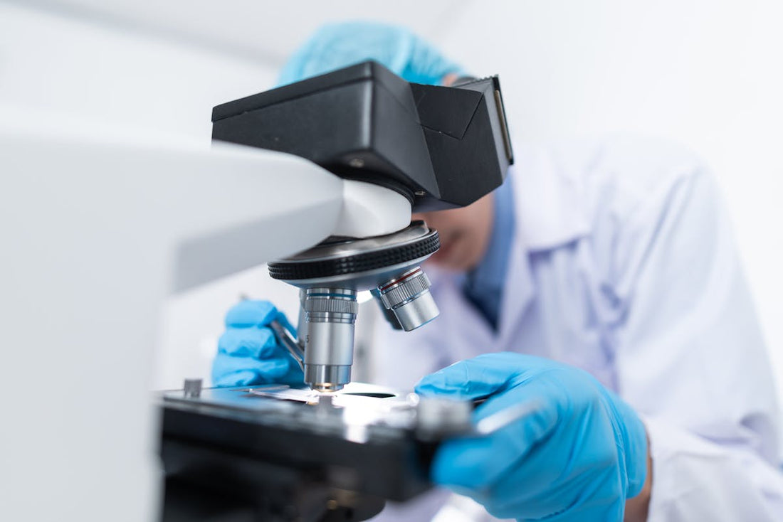 Scientist examining samples under a microscope in a research laboratory